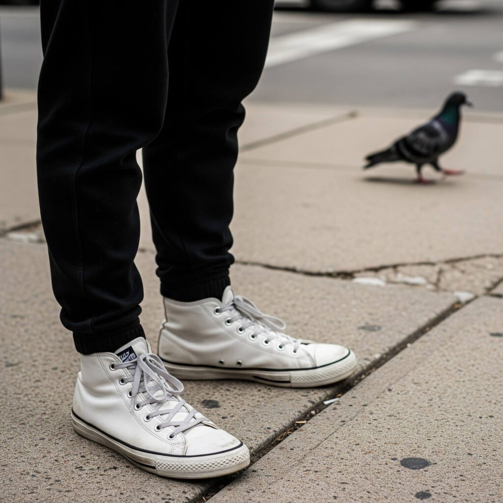 Black joggers, white high-tops, pigeon on Chicago sidewalk.