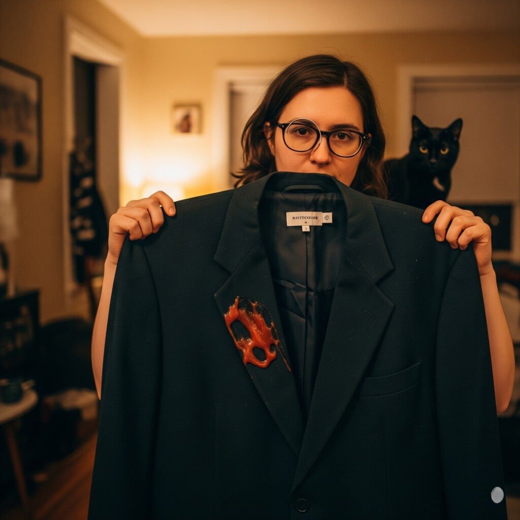 Ketchup-stained blazer, judgmental cat, Chicago living room.