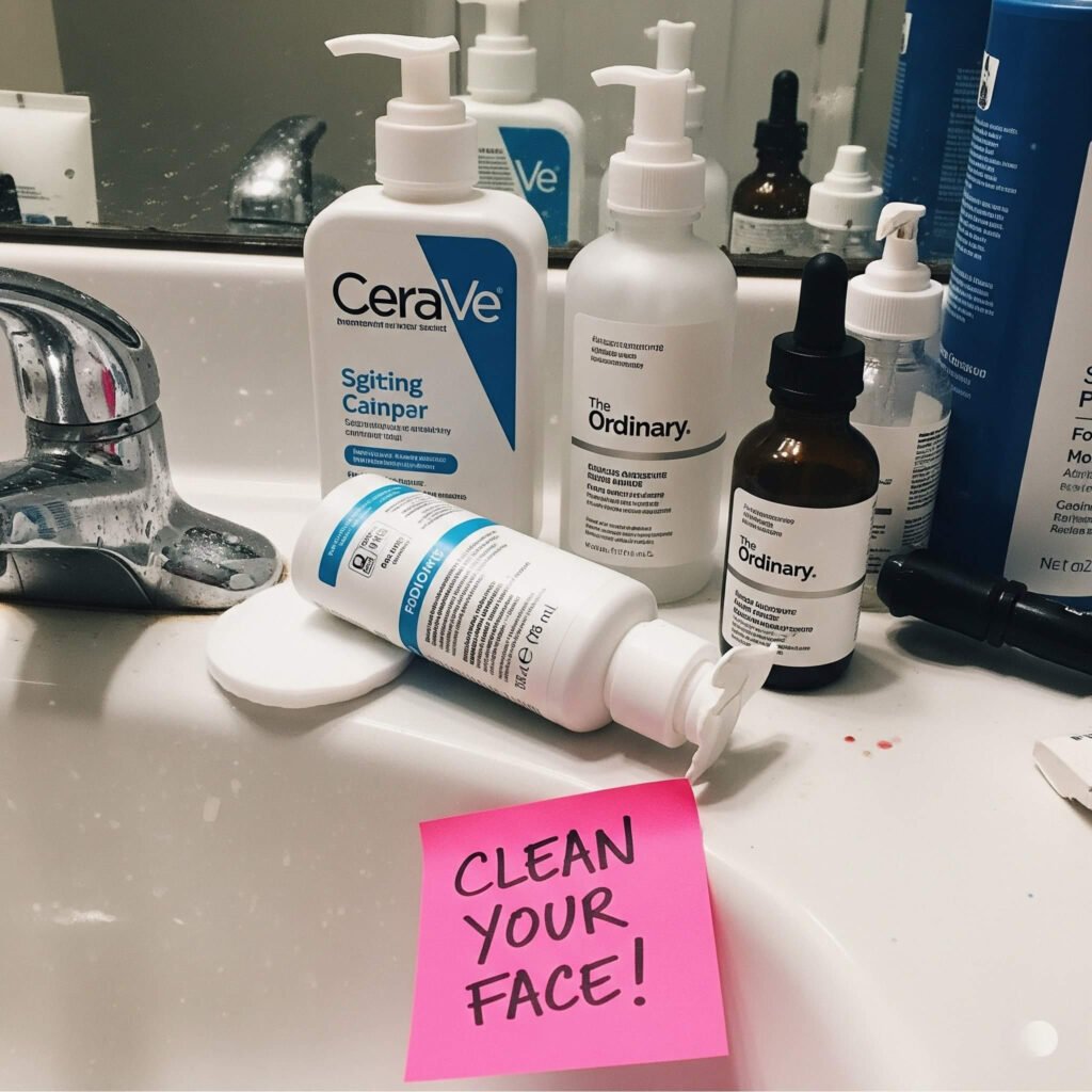  Messy bathroom sink with skincare products and