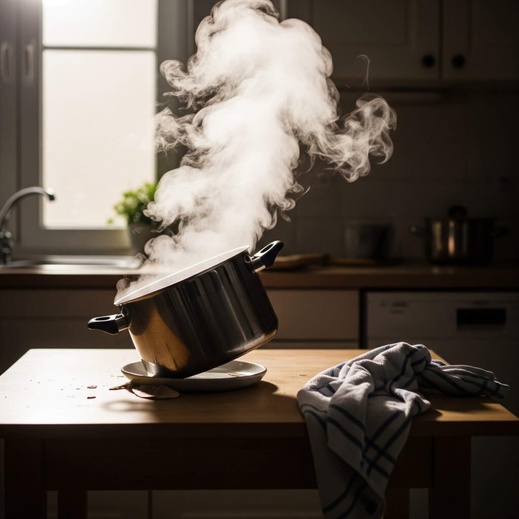Steaming pot on a wobbly kitchen table.