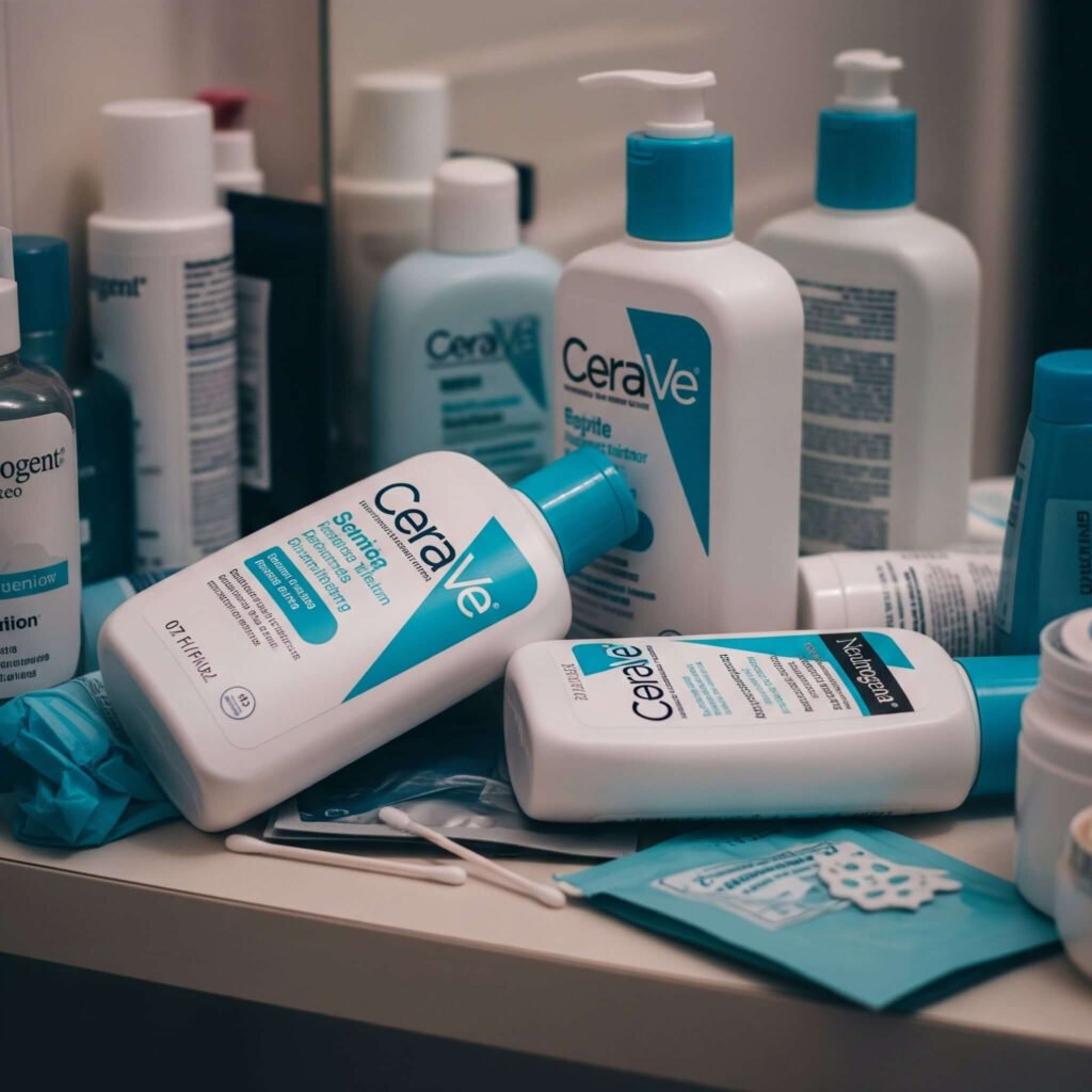 Messy bathroom shelf with CeraVe, Neutrogena