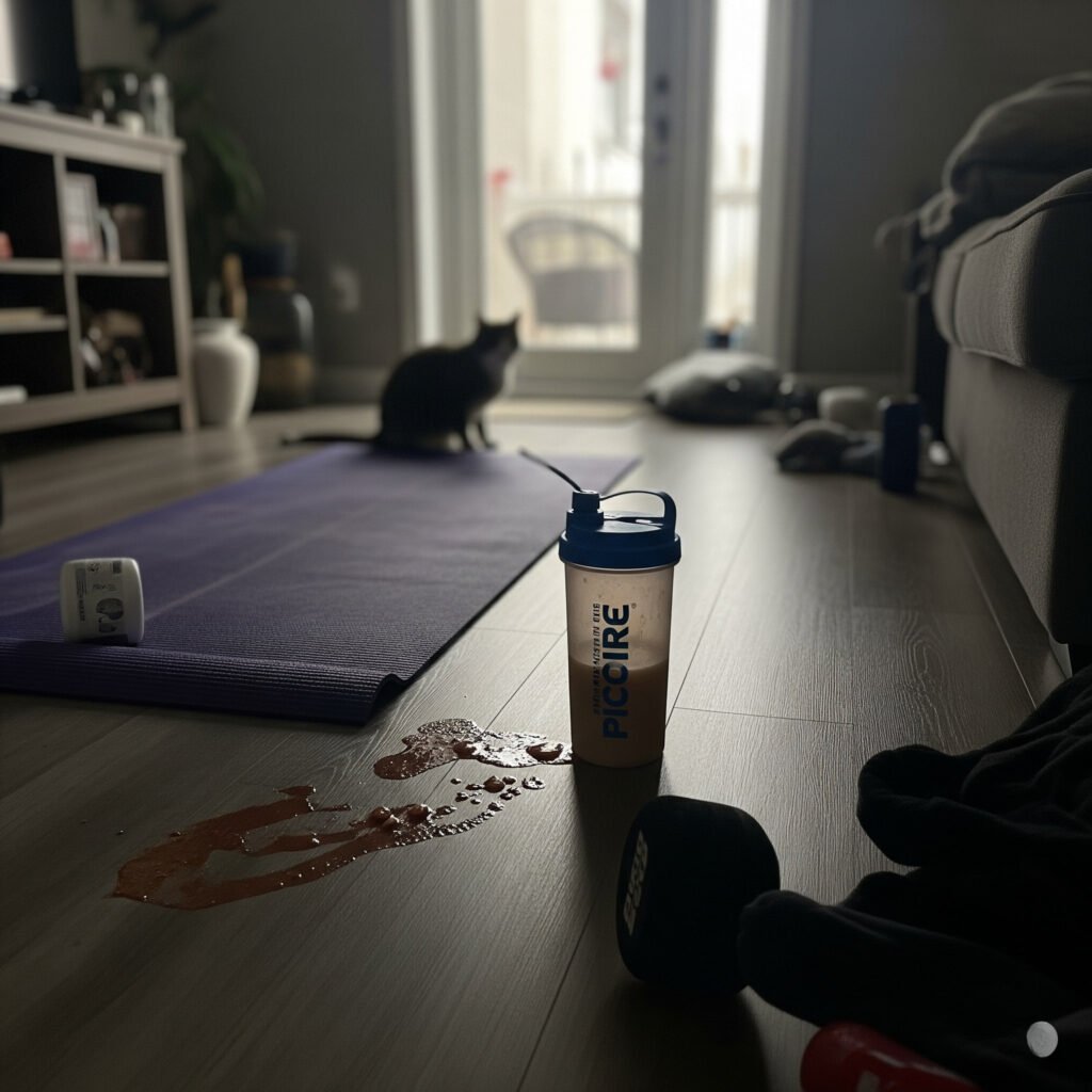 Messy living room floor with yoga mat, 