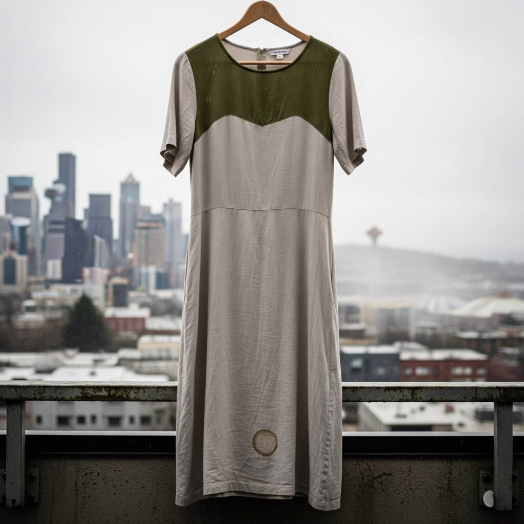 Thrifted Eileen Fisher linen dress with coffee stain on Seattle balcony.