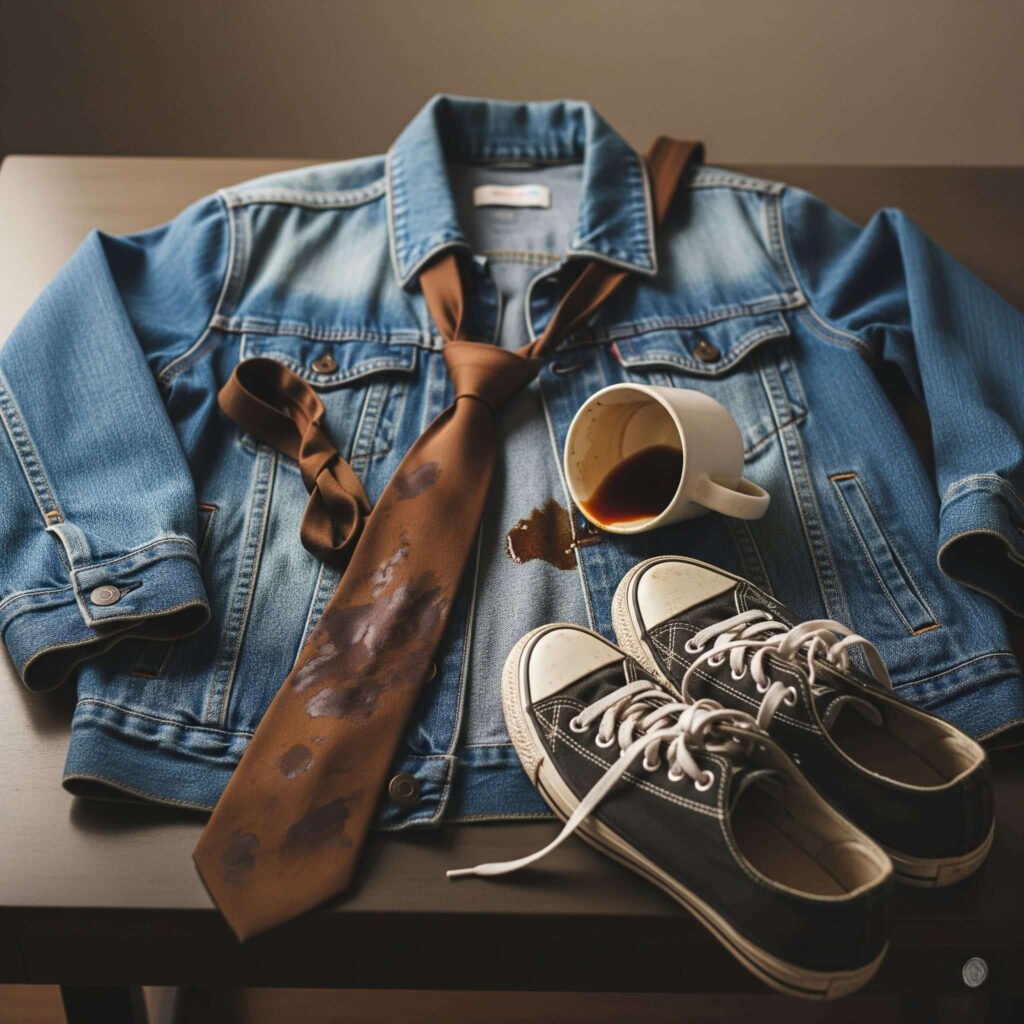 Denim jacket, stained tie, scuffed sneakers, spilled coffee.