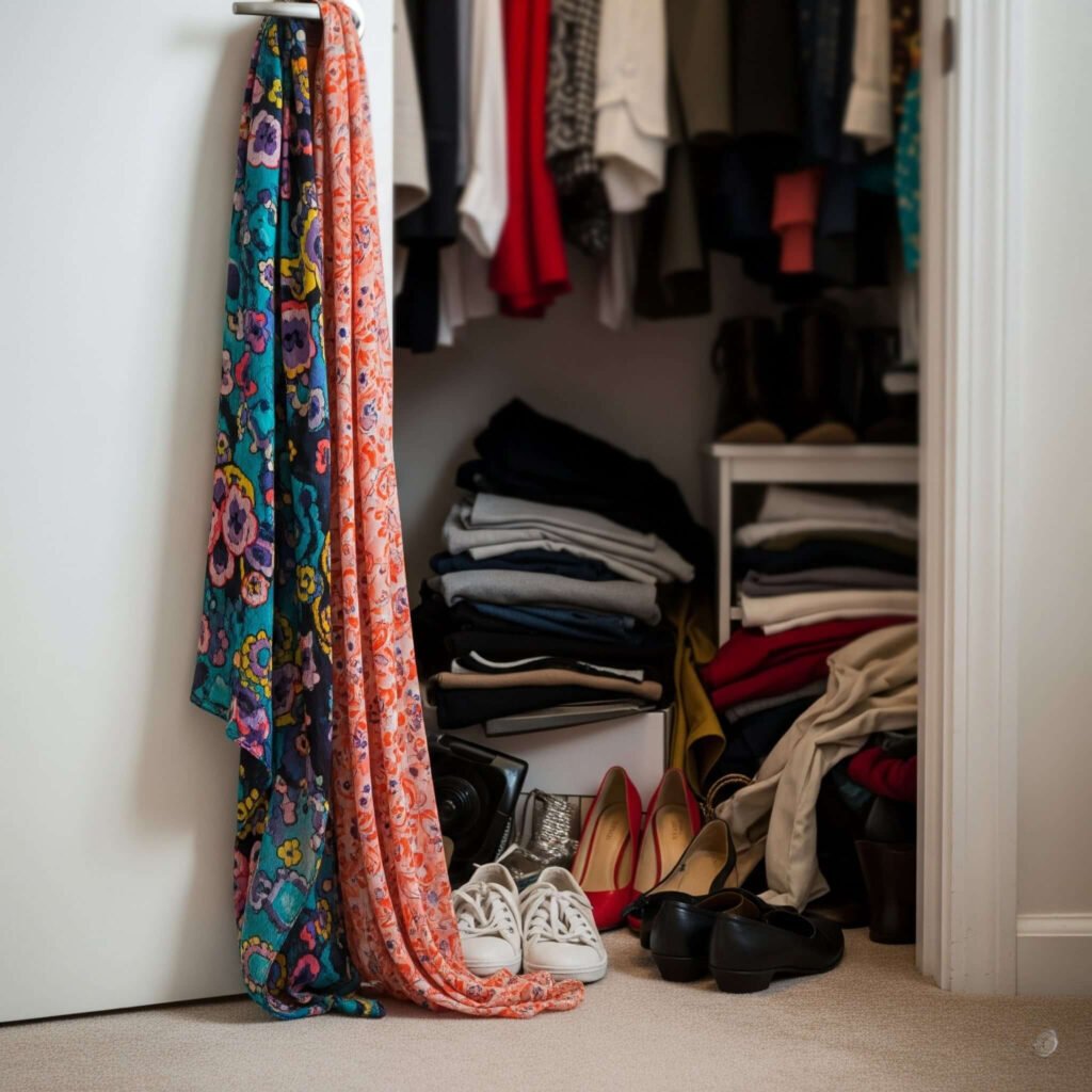 Overflowing closet, overwhelmed, messy clothes.