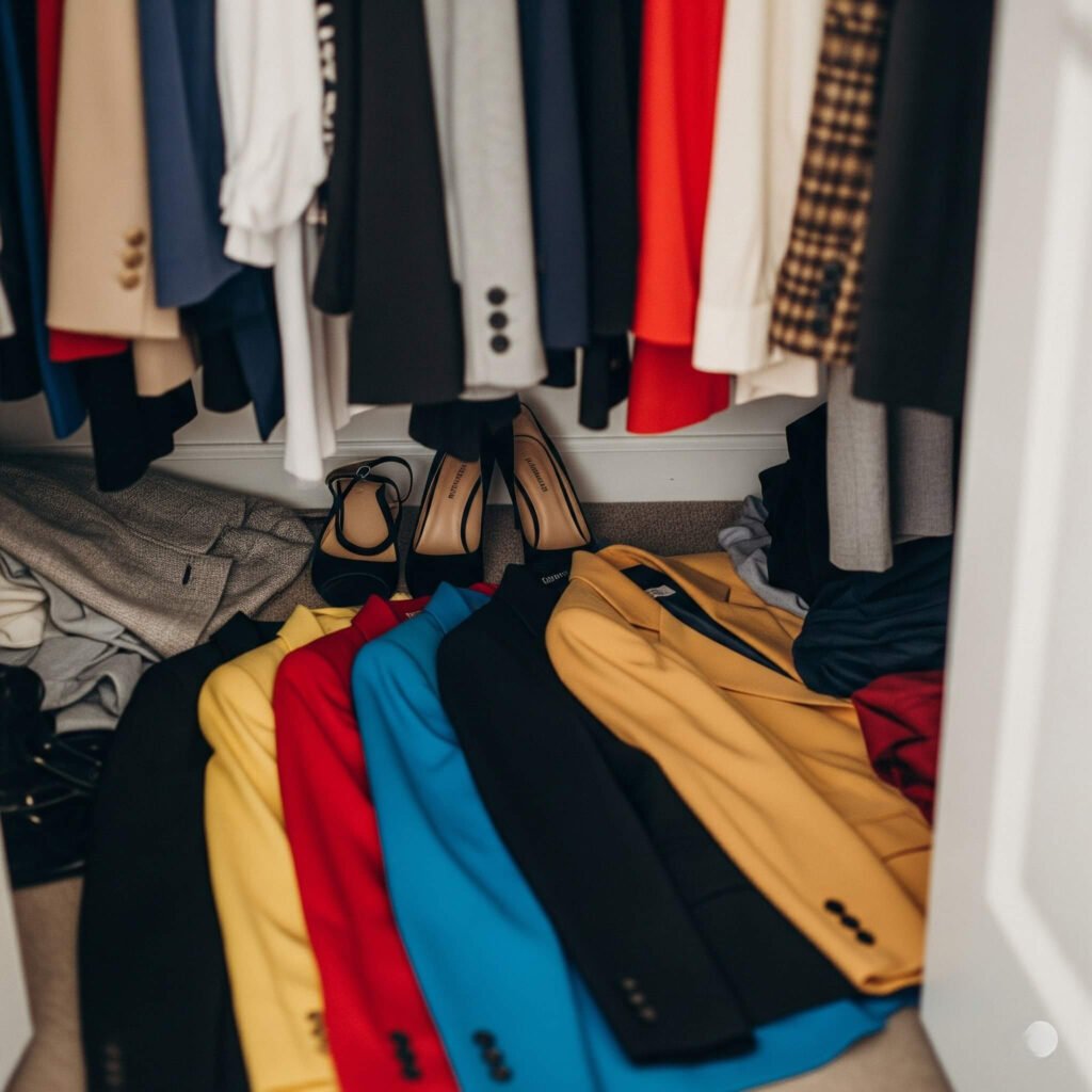 Overstuffed closet with thrifted blazers and heels.