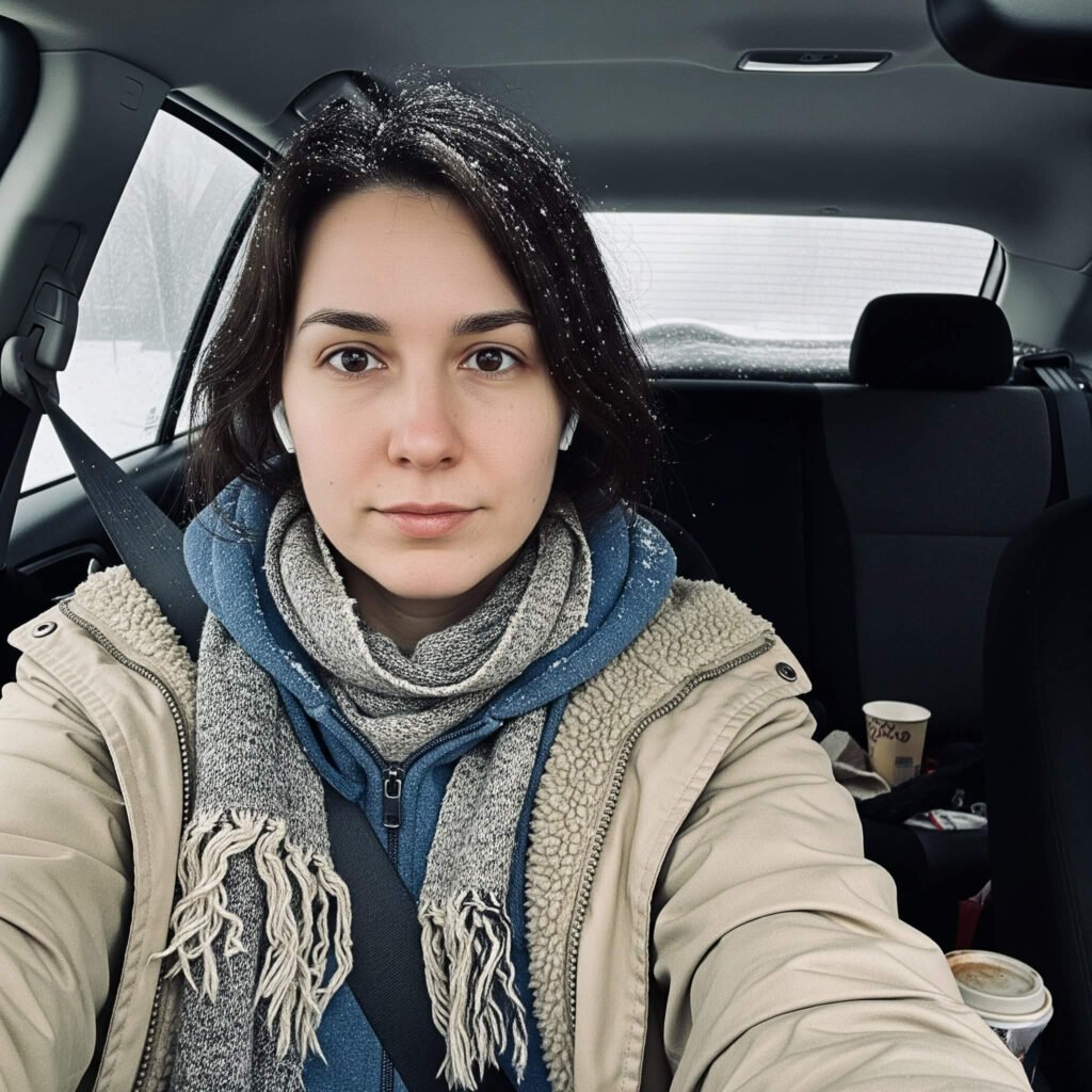 Blurry winter selfie in car with snowy hair,