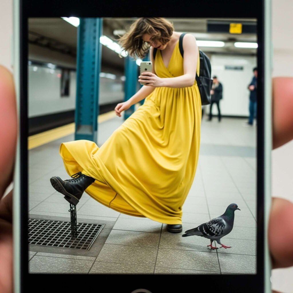 Subway grate outfit fail: blurry selfie of a person tripping