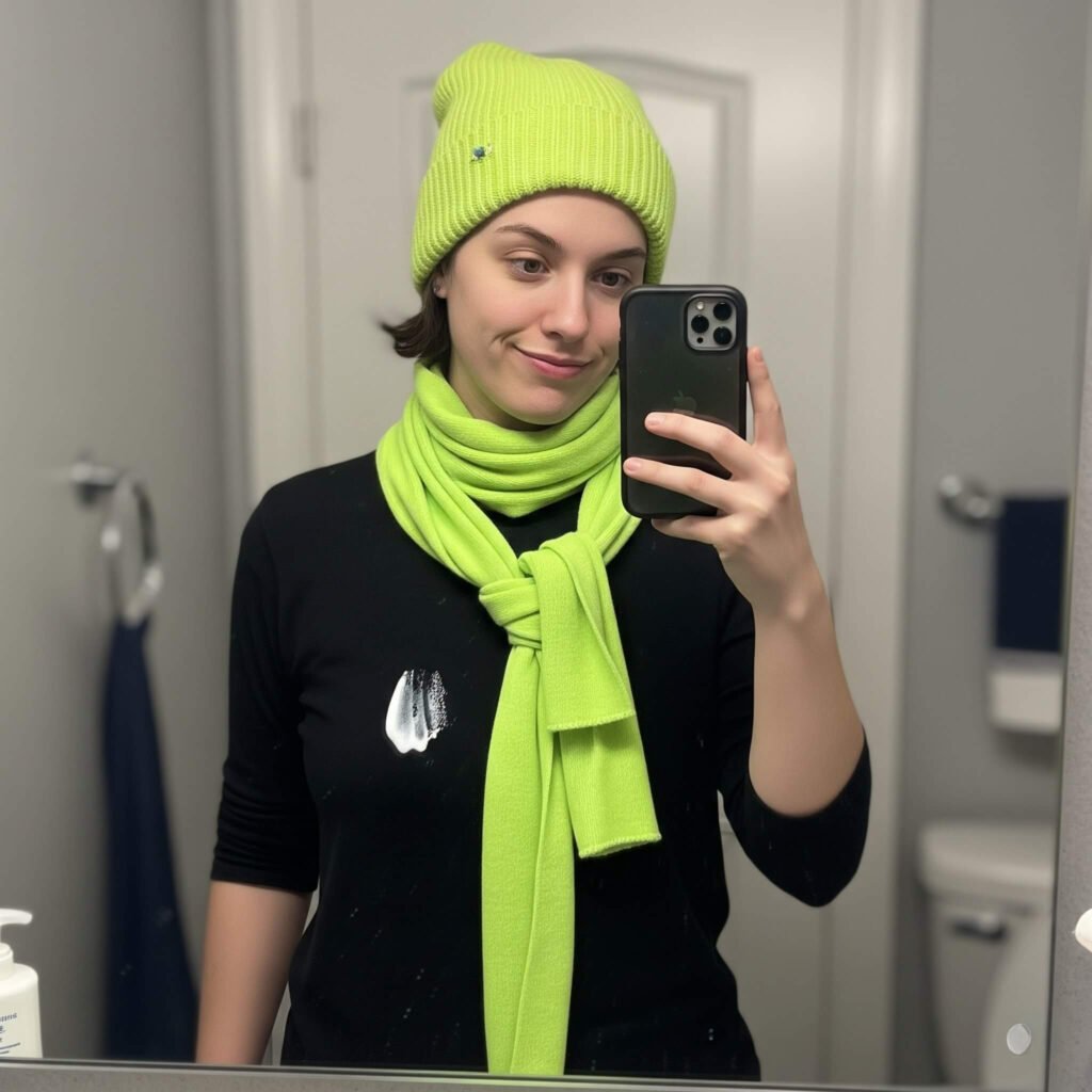 messy neon scarf, toothpaste shirt, sheepish grin.