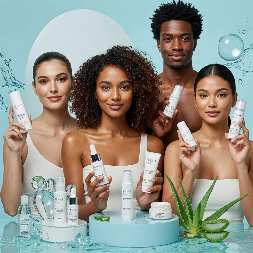 Diverse group with radiant skin holding skincare