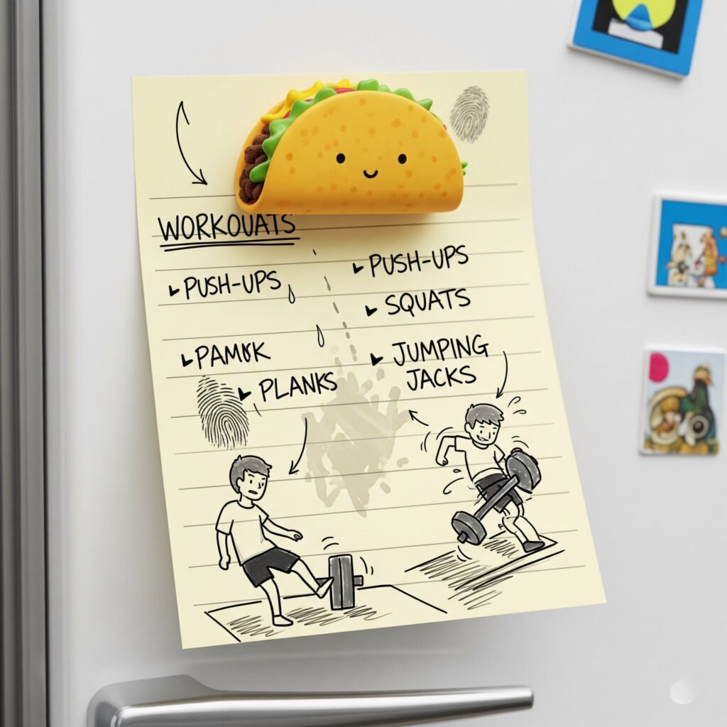 Hand-drawn workout plan sticky note on fridge with taco magnet.