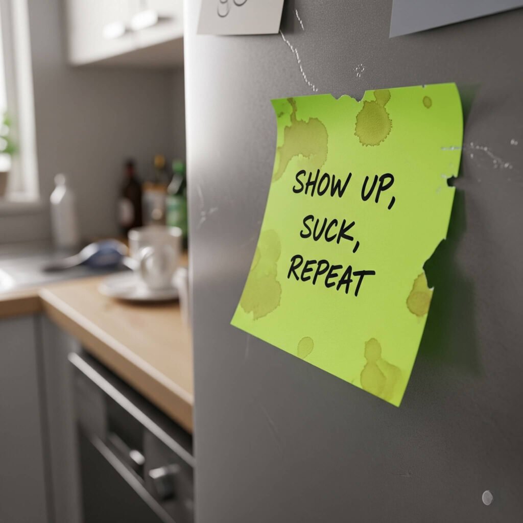 Coffee-stained mantra sticky note on messy fridge.