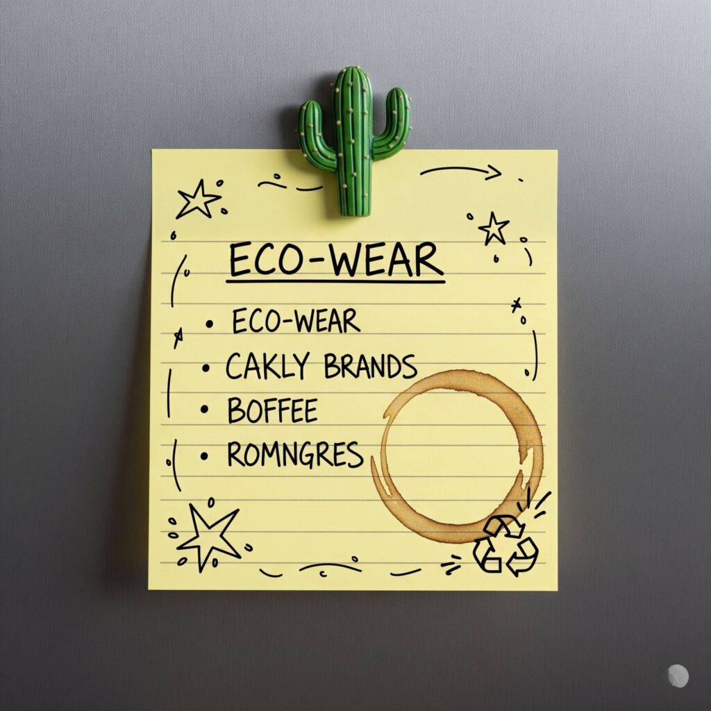 Hand-drawn list of eco wear brands on a sticky note.
