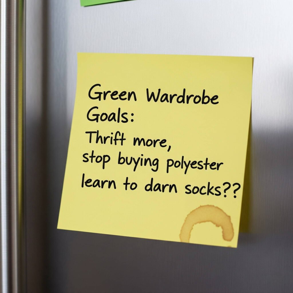 Green Wardrobe Goals on sticky note.