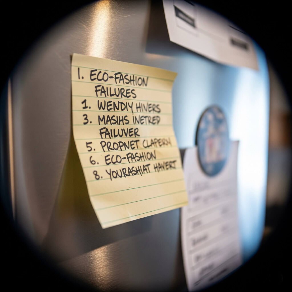 Eco-fashion fails sticky note on fridge.