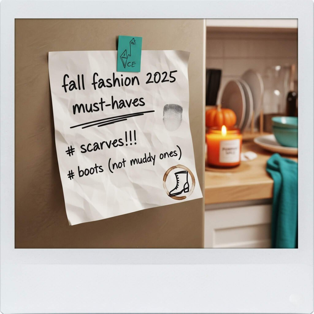 Sticky note on fridge with fall fashion 2025 must-haves list.