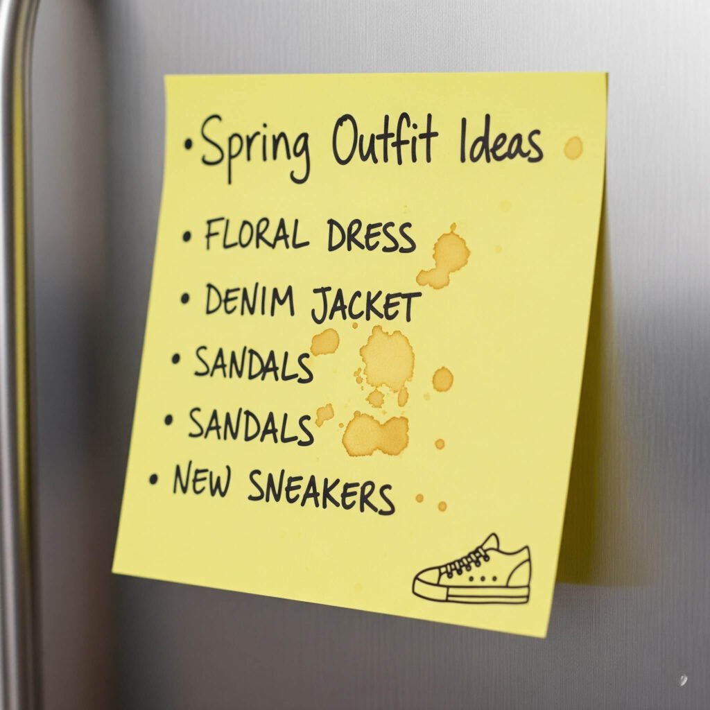 Sticky note on fridge: Spring outfit ideas with coffee