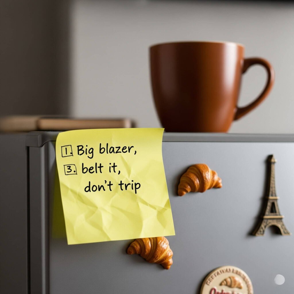Fridge sticky note: fashion tips, blazer, coffee, croissant magnets.