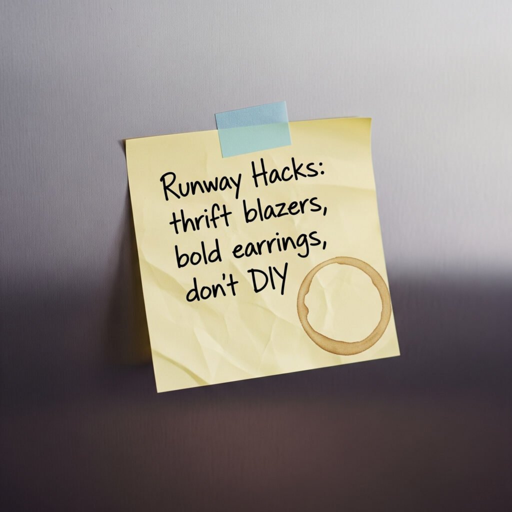 Sticky note with "Runway Hacks" on fridge.