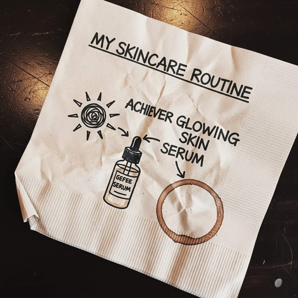 Hand-drawn skincare routine doodles on a coffee shop napkin.