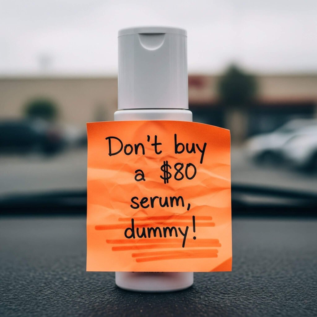Neon orange sticky note on a cheap moisturizer bottle.
