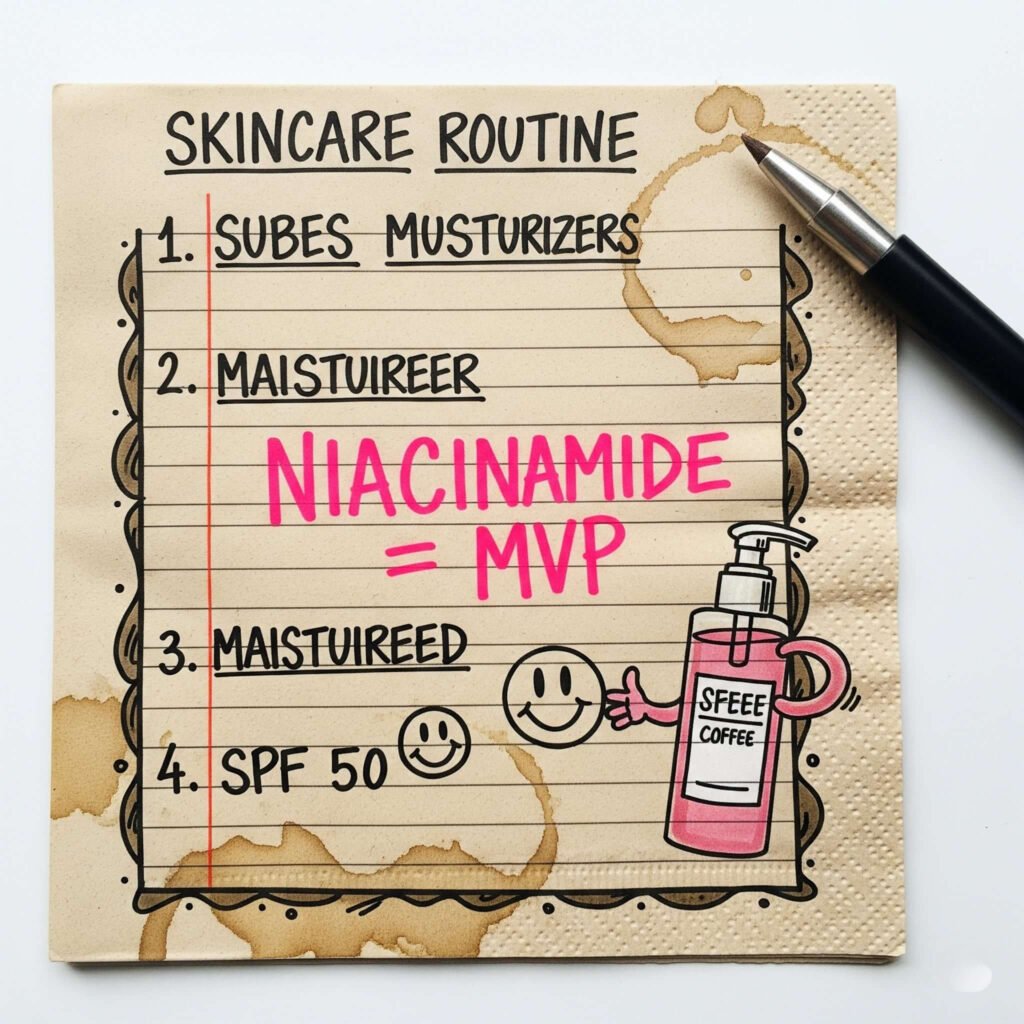 kincare routine doodle on coffee-stained napkin,