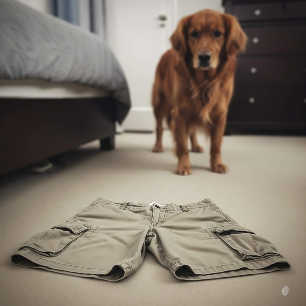 Blurry iPhone photo of cargo shorts,