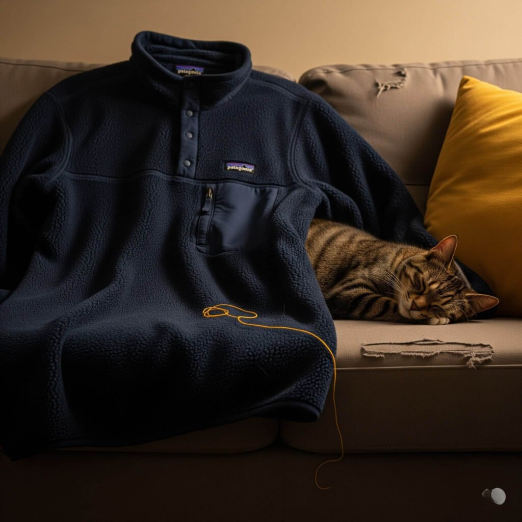 Thrifted Patagonia fleece with napping tabby cat on couch.