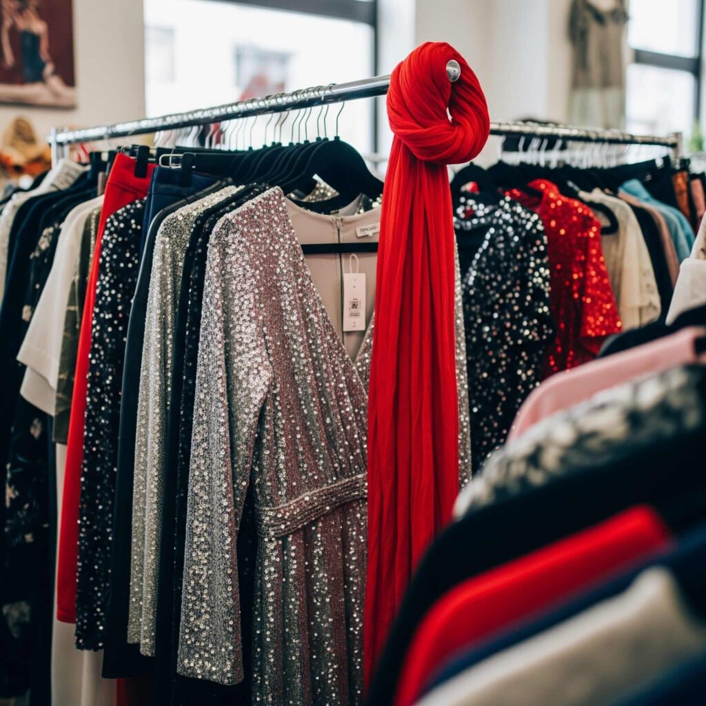 Thrift store rack with sequined dresses and red scarf