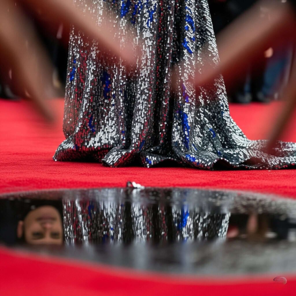 Shimmery gown on wet red carpet, sequin, reflection.