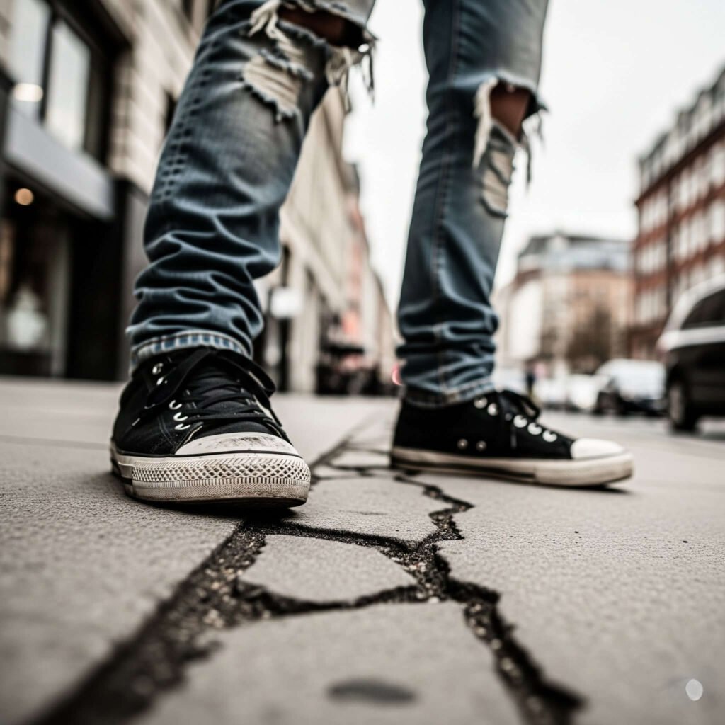 Scuffed sneakers, ripped jeans on cracked sidewalk.