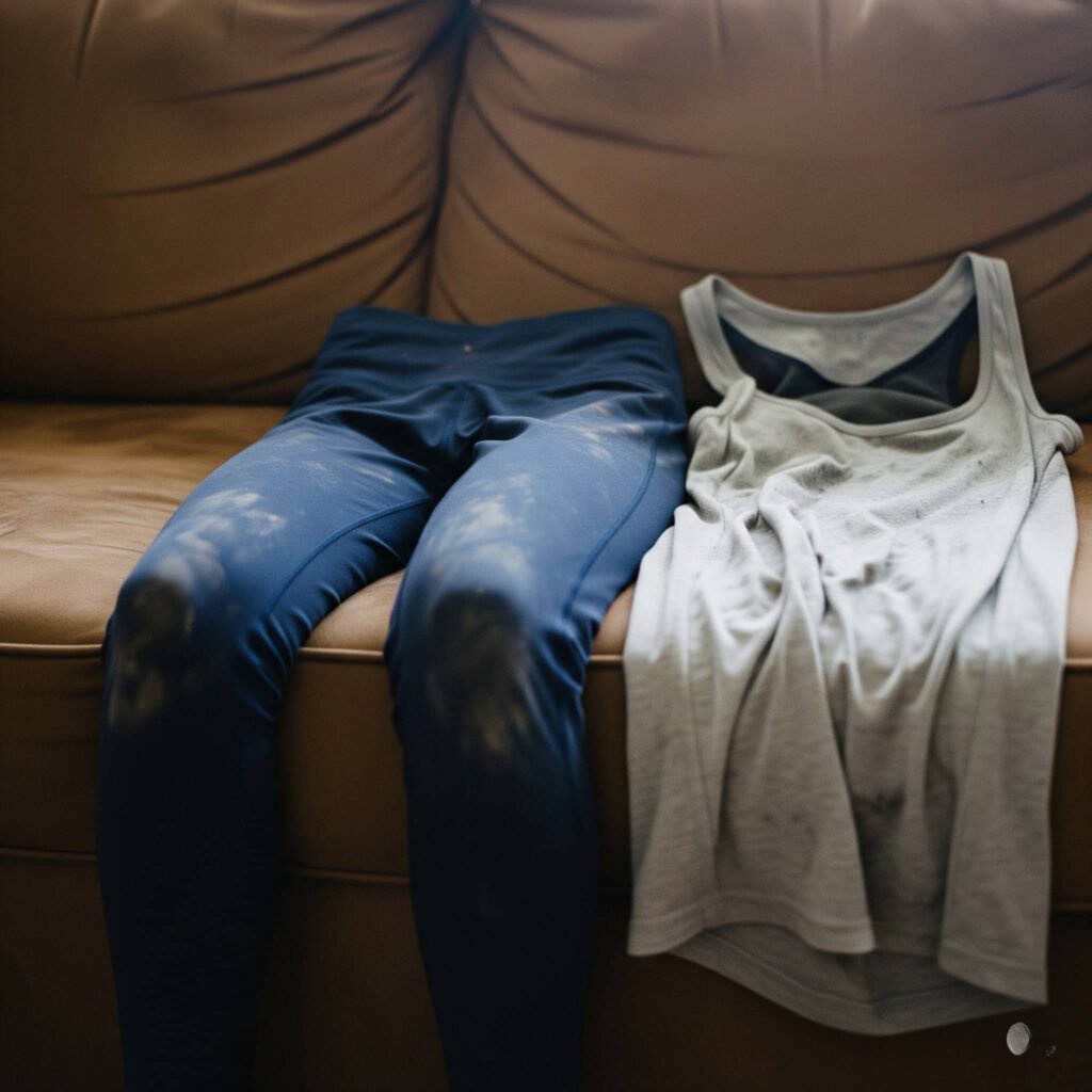 Stained athleisure outfit on couch.