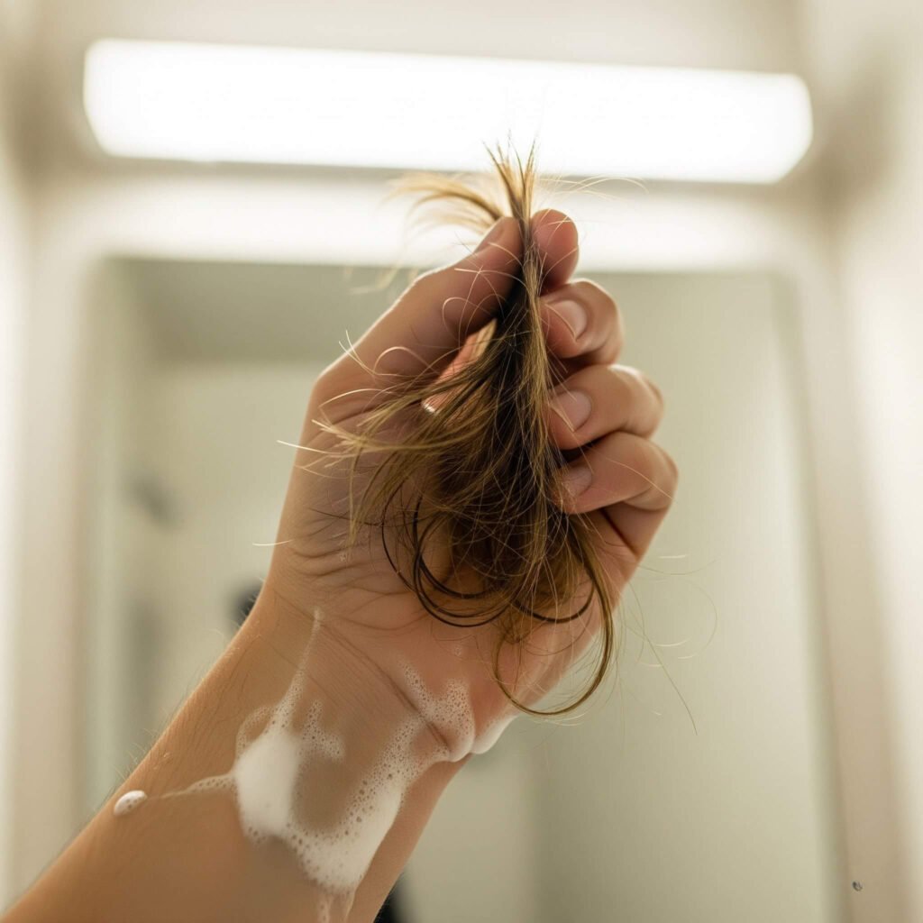  Hand holding split ends in harsh bathroom light.