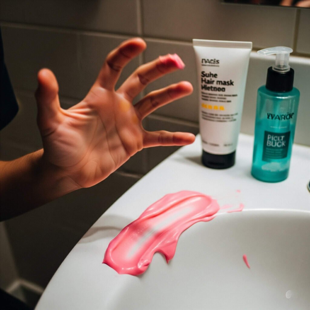 Pink hair mask fail on sink, messy hand.