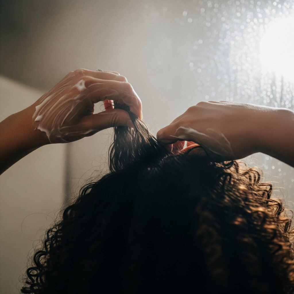  Detangling curly hair with conditioner in a foggy mirror.