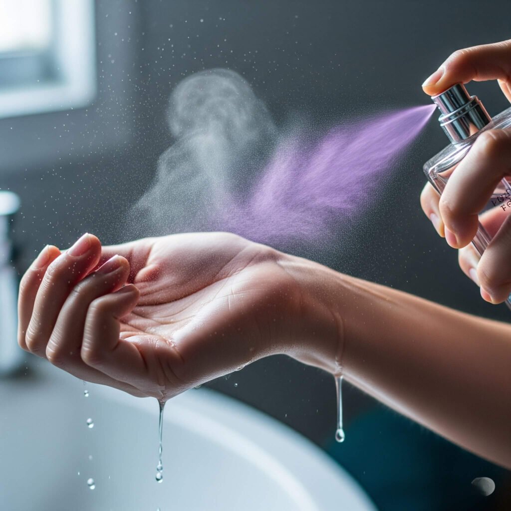 Damp wrist with perfume spray and steam.