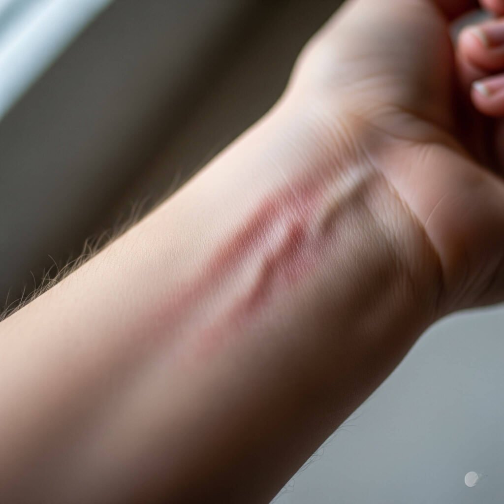 Wrist with red marks from fragrance over-spraying.