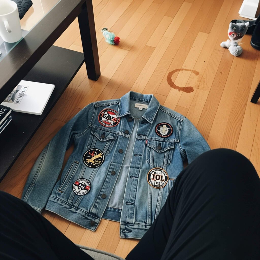 Thrifted denim jacket with DIY patches on hardwood floor.
