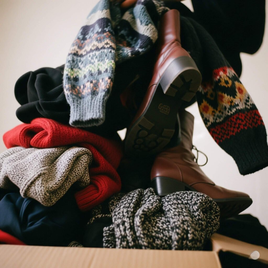 Messy bargain haul: funky sweaters, boots.