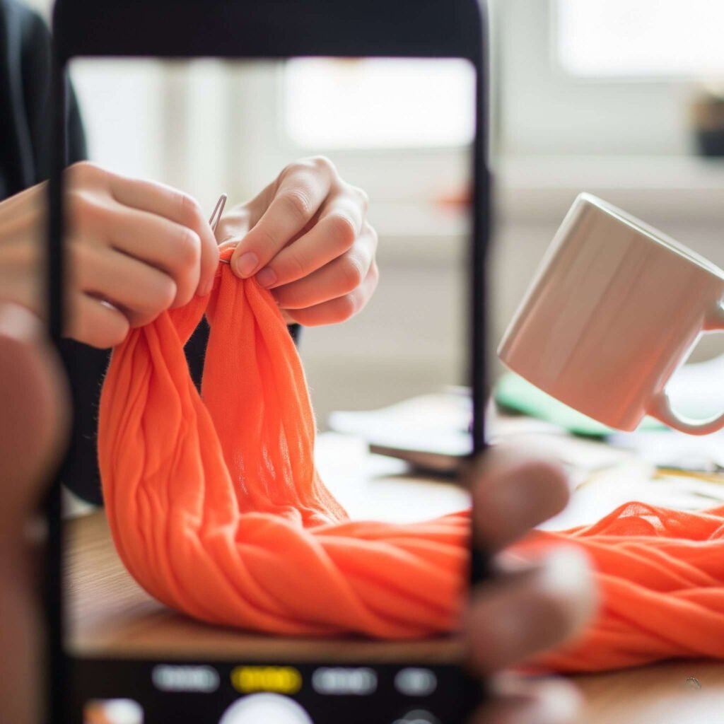 DIY hair scarf fumbling, coffee nearby"