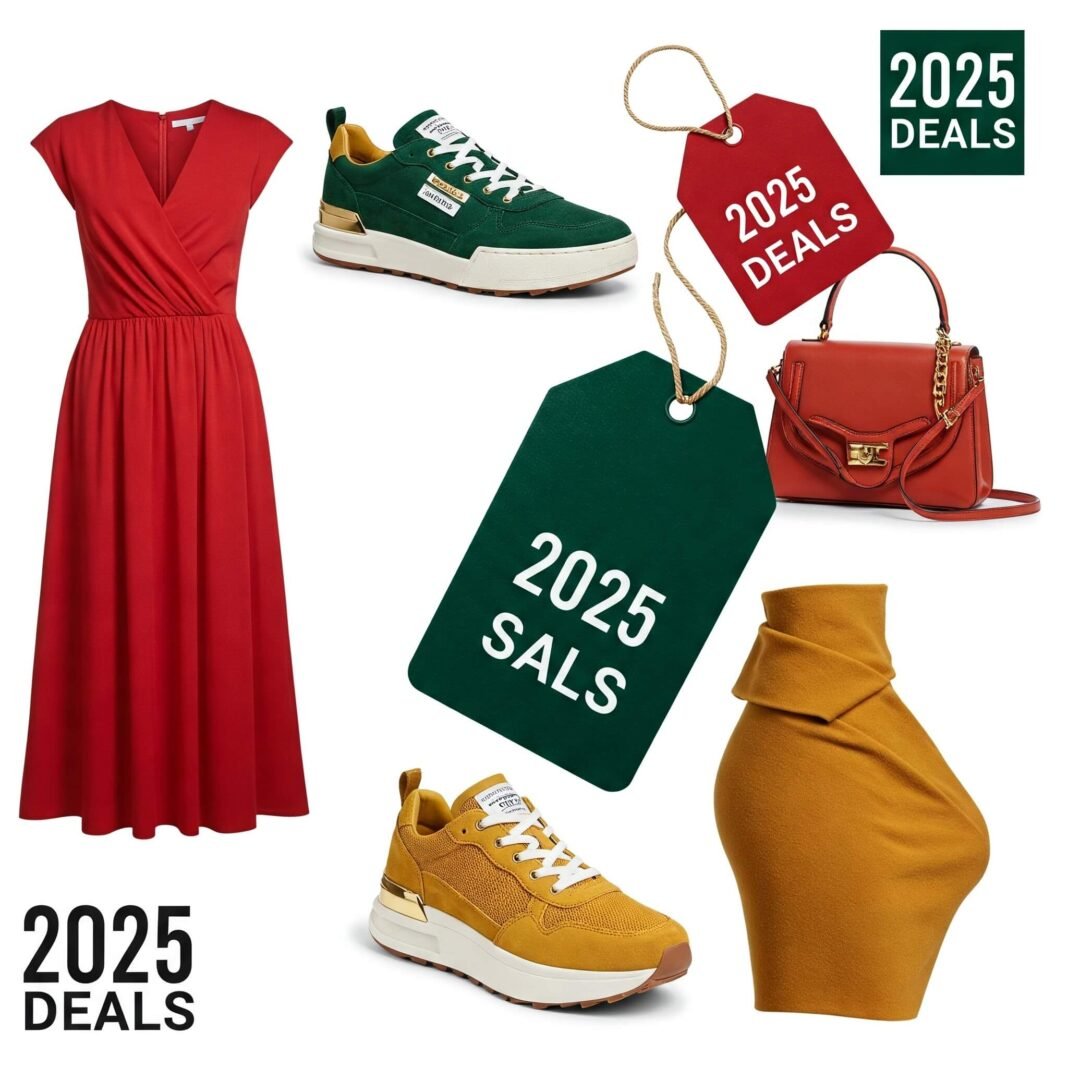 Find the best fashion deals in 2025: A collage of trendy sale items.