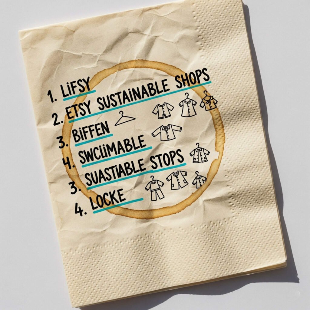 Coffee-stained napkin with hand-drawn list of Etsy sustainable shops.