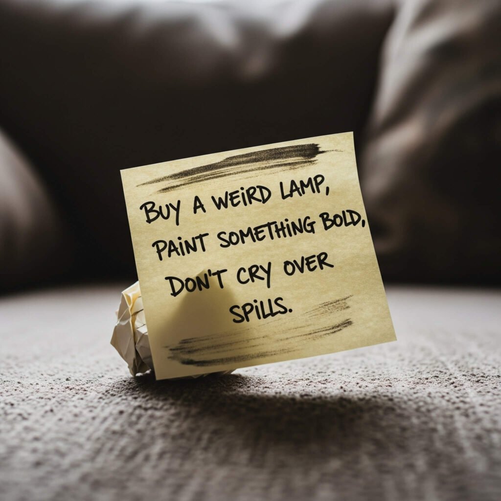 Smudged sticky note on couch: