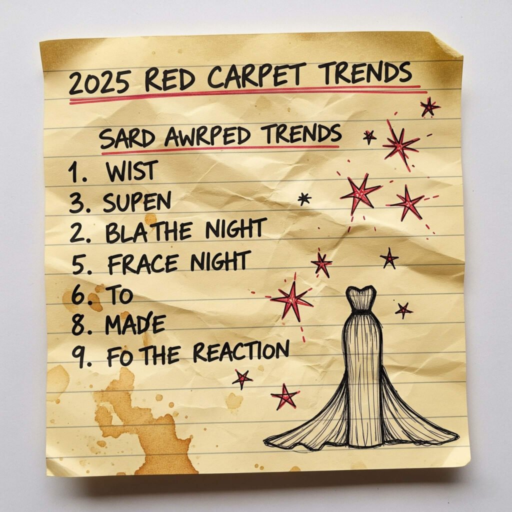 2025 Red Carpet Trends: Hand-drawn sticky note, coffee stain.