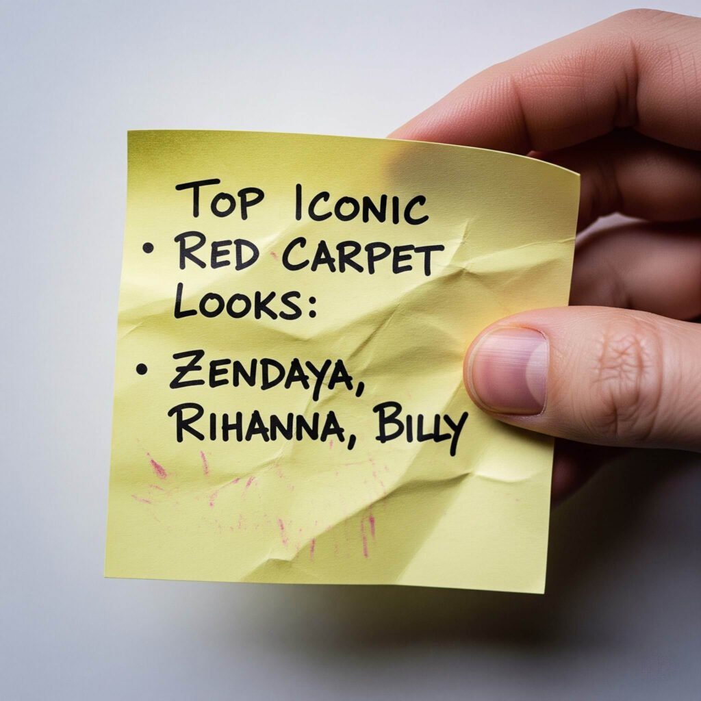 Crumpled sticky note listing top iconic red carpet looks.