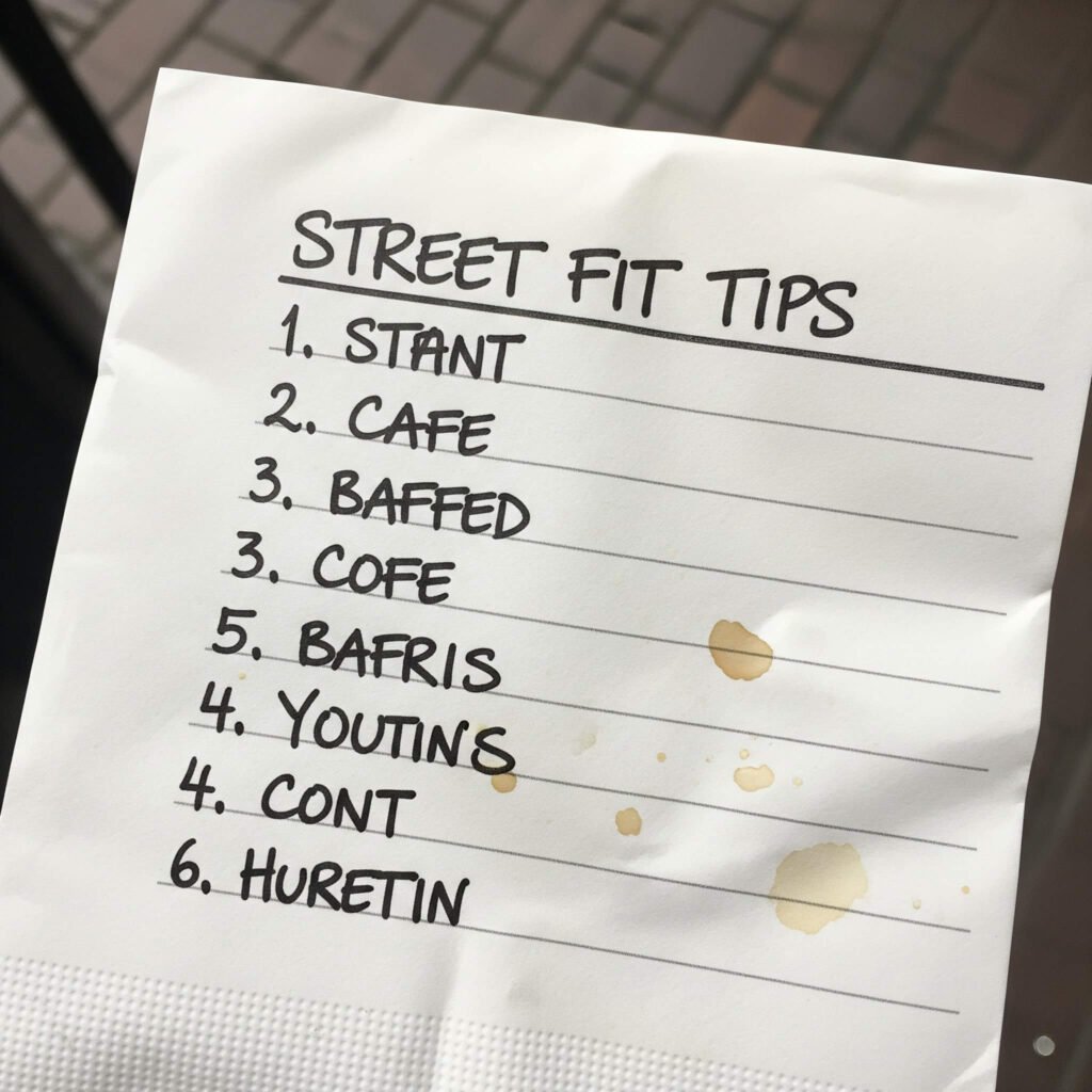 Coffee-stained napkin with hand-drawn street fit tips.