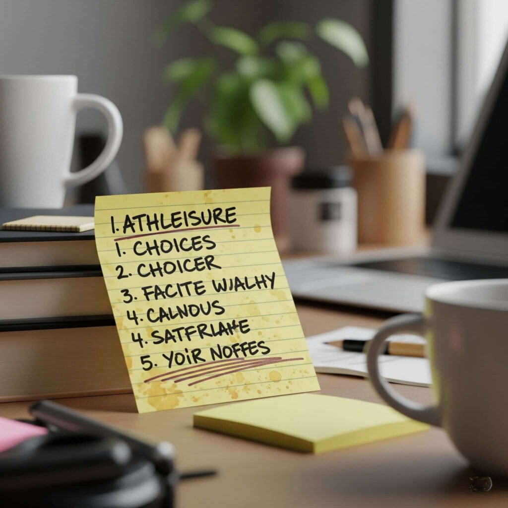 Smudged sticky note with athleisure picks on cluttered table.