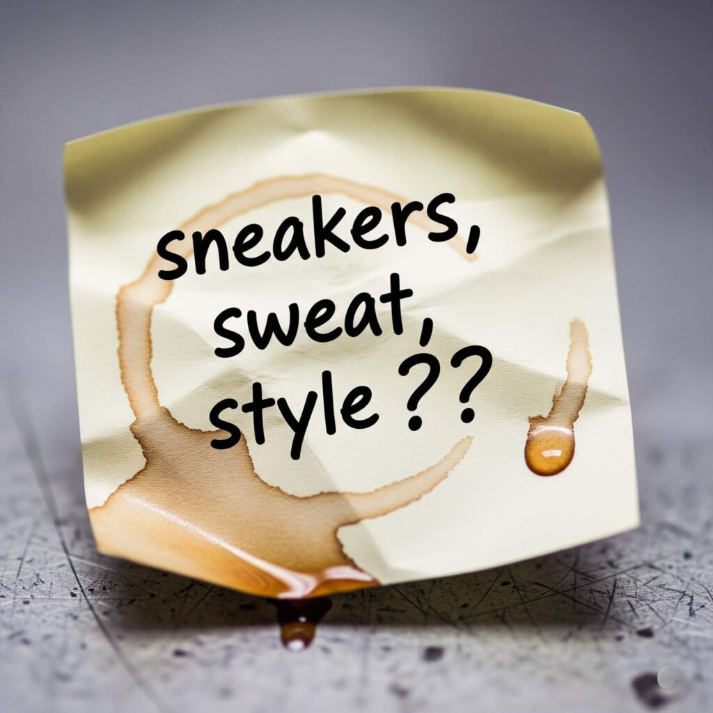 Coffee-stained sticky note: "sneakers, sweat, style???"