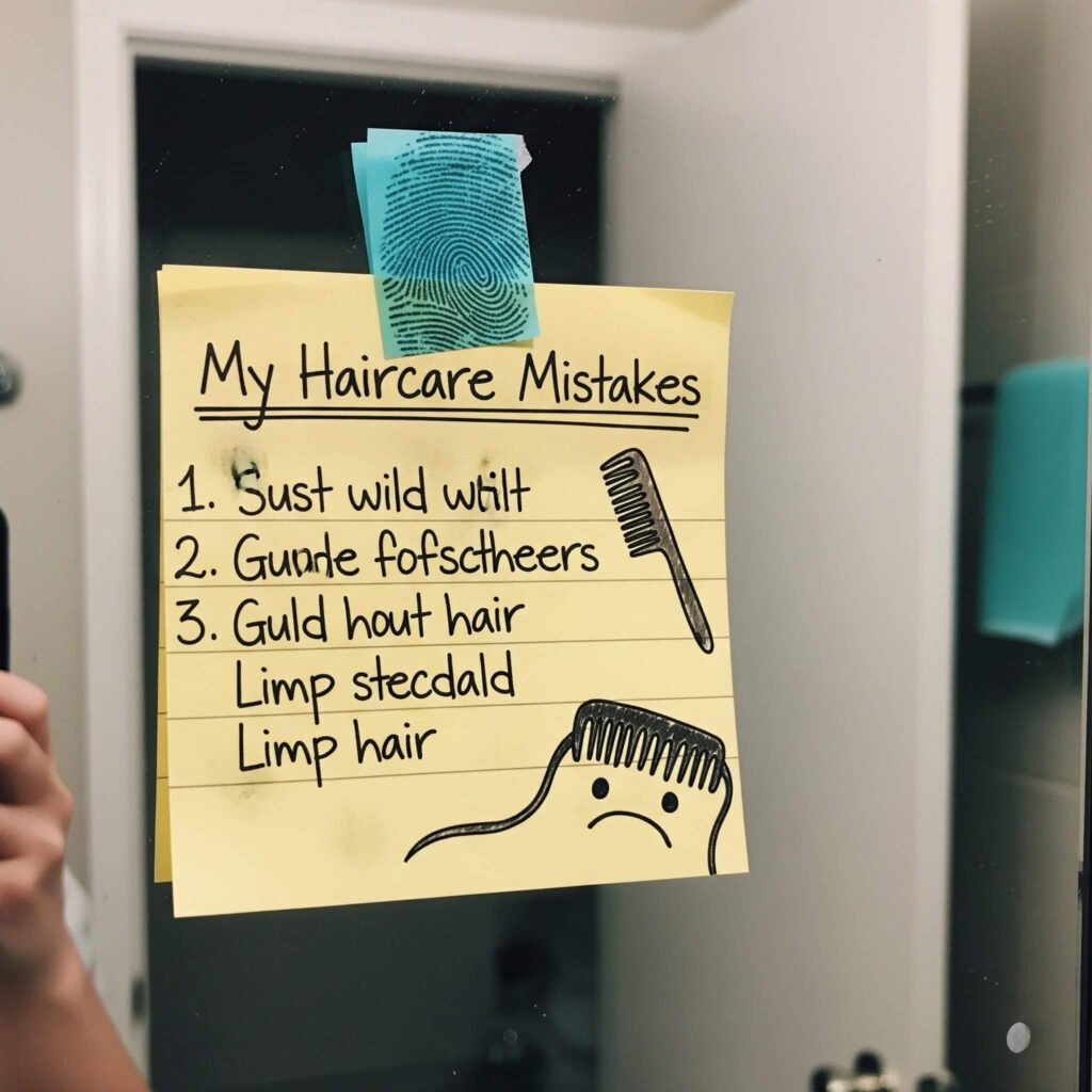 Messy sticky note on mirror listing haircare mistakes.