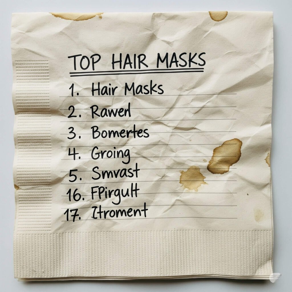 Coffee-stained napkin with hand-drawn hair mask list.